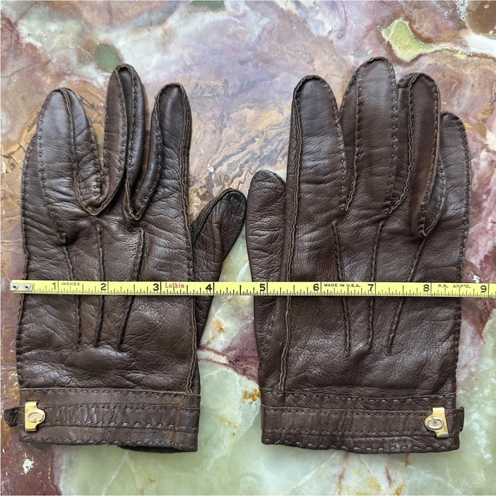 RARE VINTAGE 1970s GUCCI ITALY LADIES DARK BROWN LEATHER GLOVES GOLD LOGO EUC - Picture 5 of 8